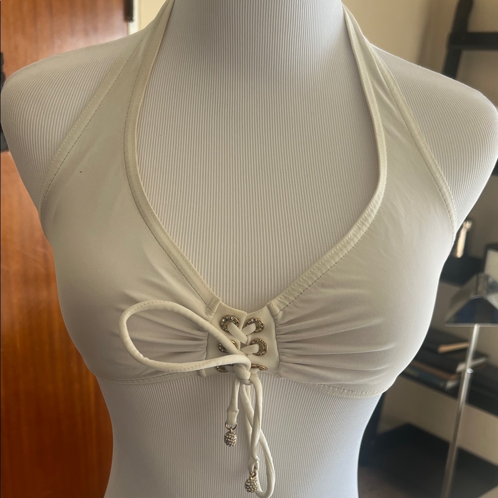 Karla Colletto Size 12 White Lace Up Bikini with Swarovski Crystals